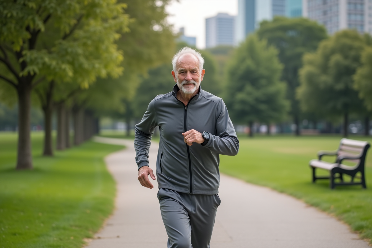 Homme âgé courant dans un parc urbain avec bracelet connecté