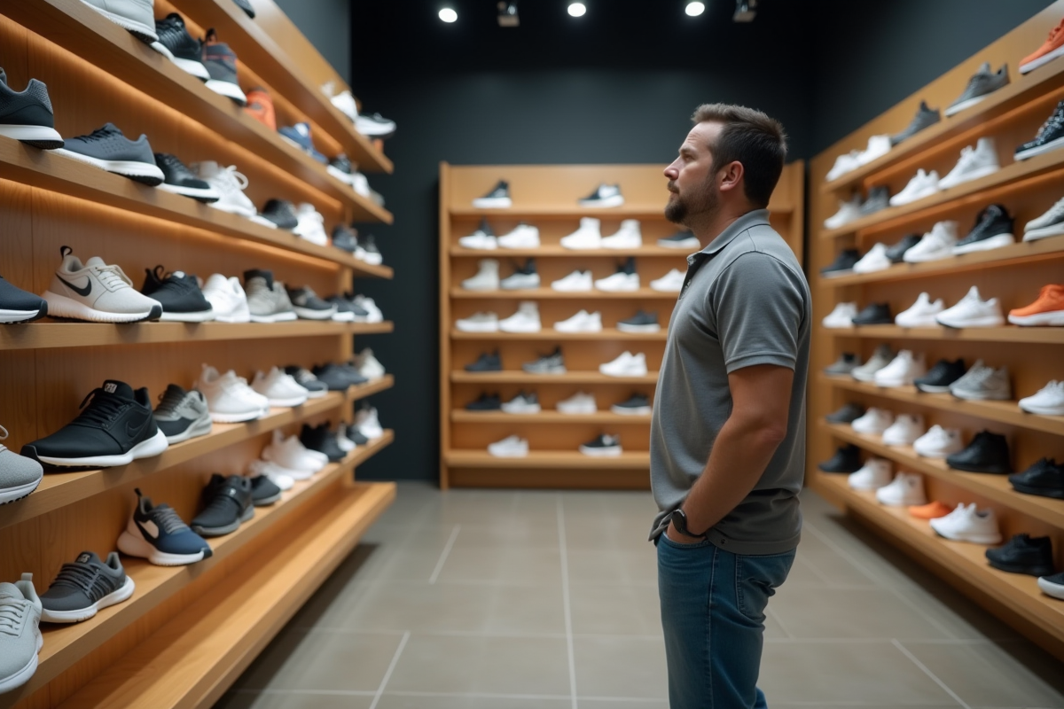 Homme examine une sélection de chaussures dans un magasin moderne