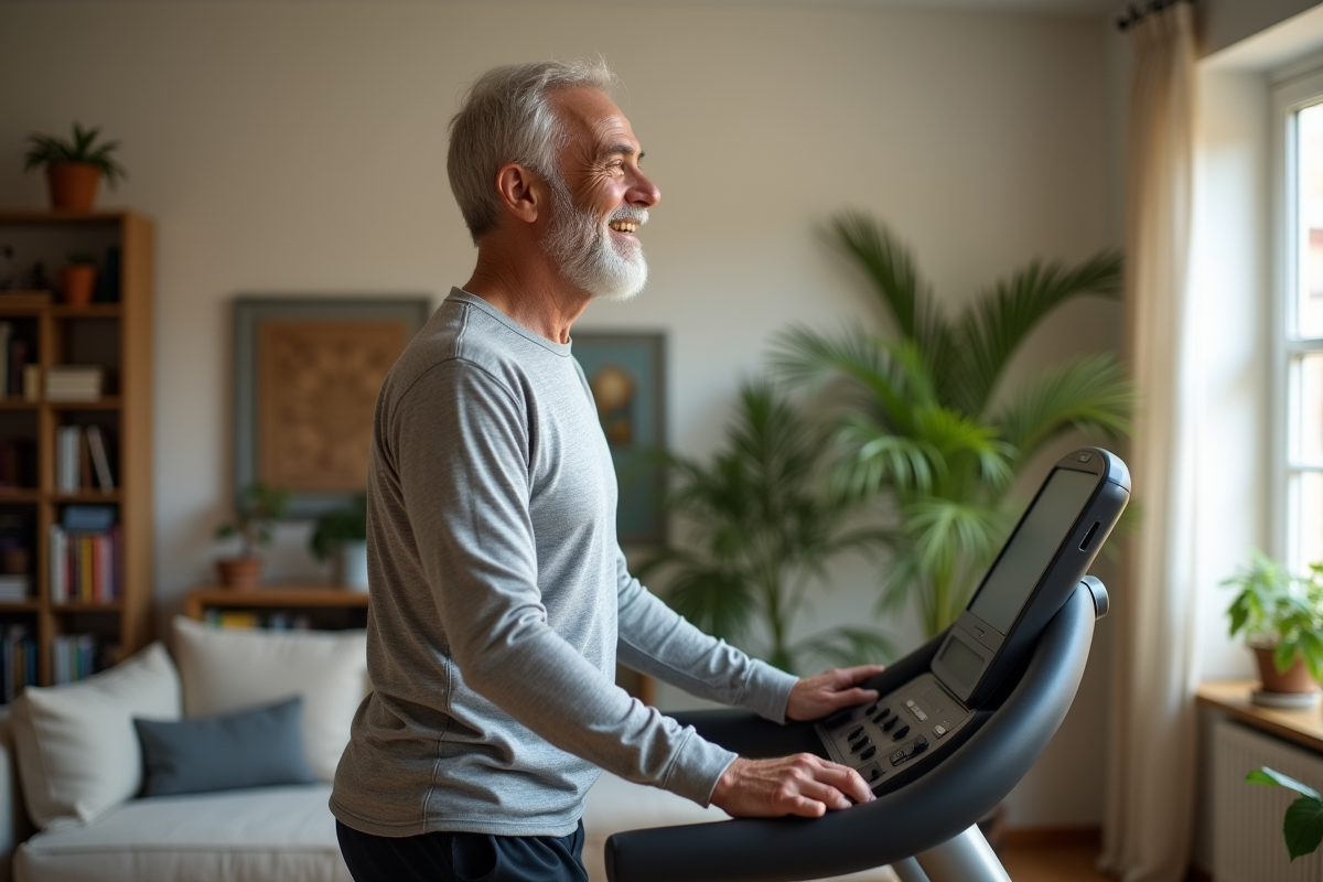 Homme âgé en vêtements confortables marche sur tapis à la maison