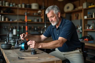 Homme d'âge moyen préparant une ligne de pêche en intérieur