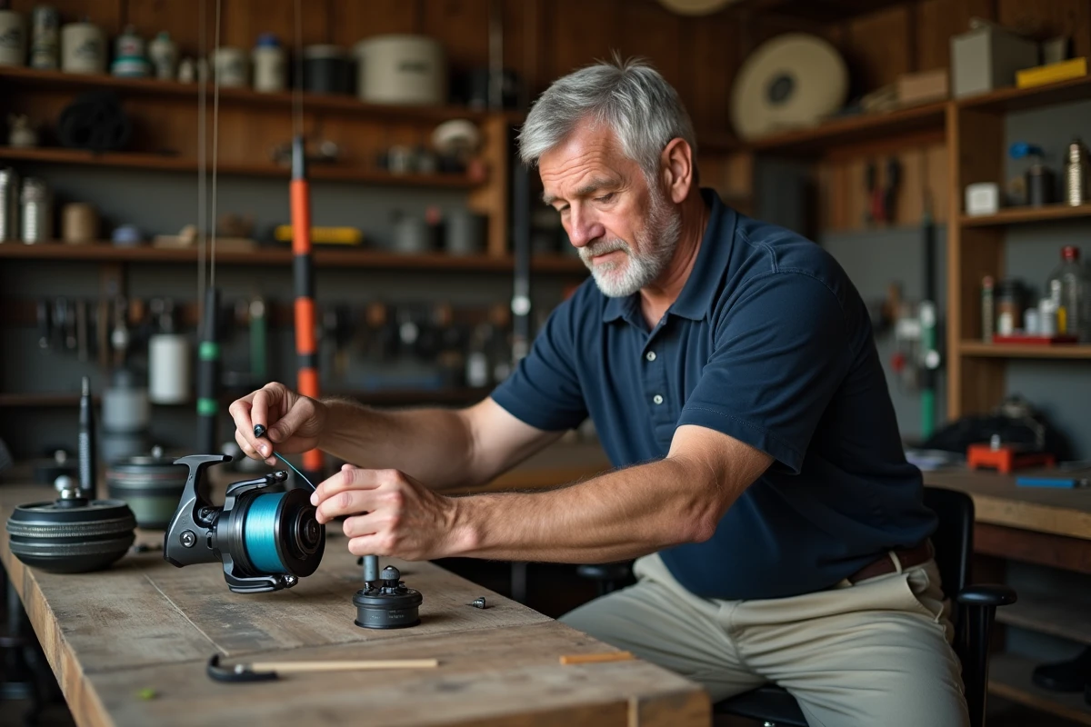 Homme d'âge moyen préparant une ligne de pêche en intérieur