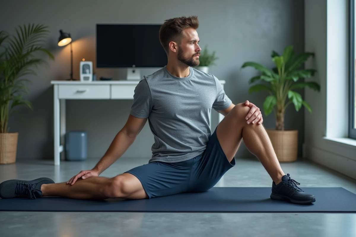 Homme réalisant des exercices de Pilates sur tapis dans un espace de travail transformé en salle de sport à domicile