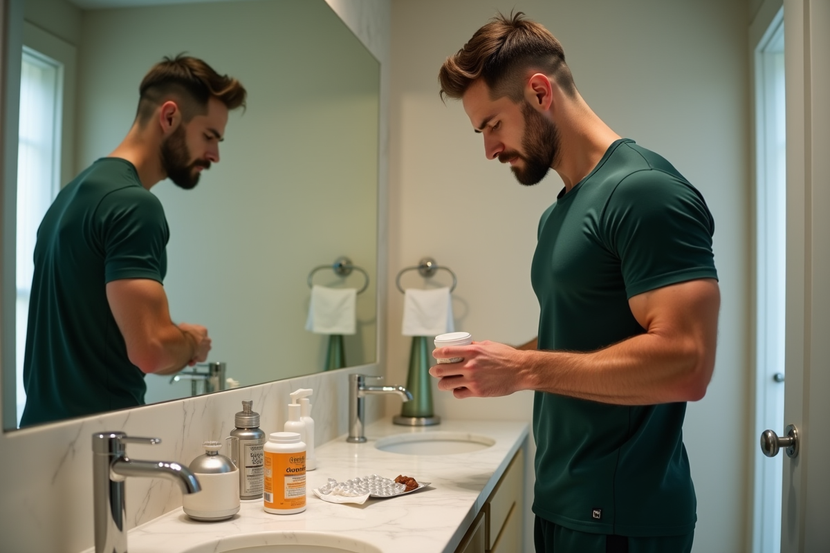 Homme préparant ses suppléments dans la salle de bain