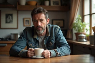 Homme d'âge moyen assis à la cuisine avec tasse de café