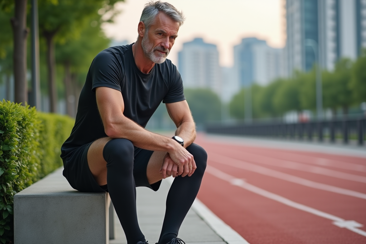 Homme assis sur un banc en ville ajustant sa chaussette de compression