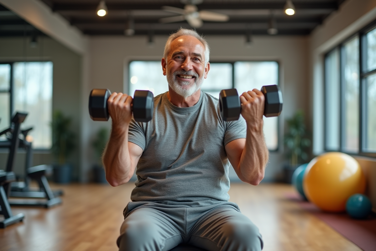 Homme senior souriant utilisant haltères en salle de sport
