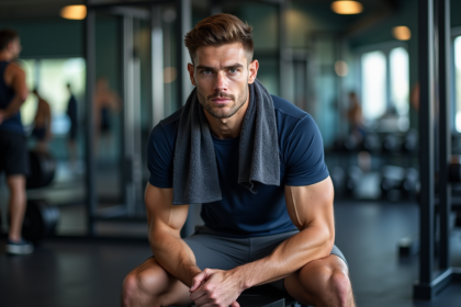 Jeune homme sportif assis sur un banc de musculation