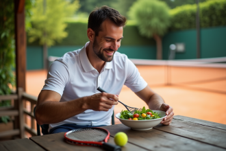Homme sportif dégustant une salade vegan en plein air