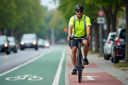 Homme en gilet réfléchissant roulant en ville à vélo
