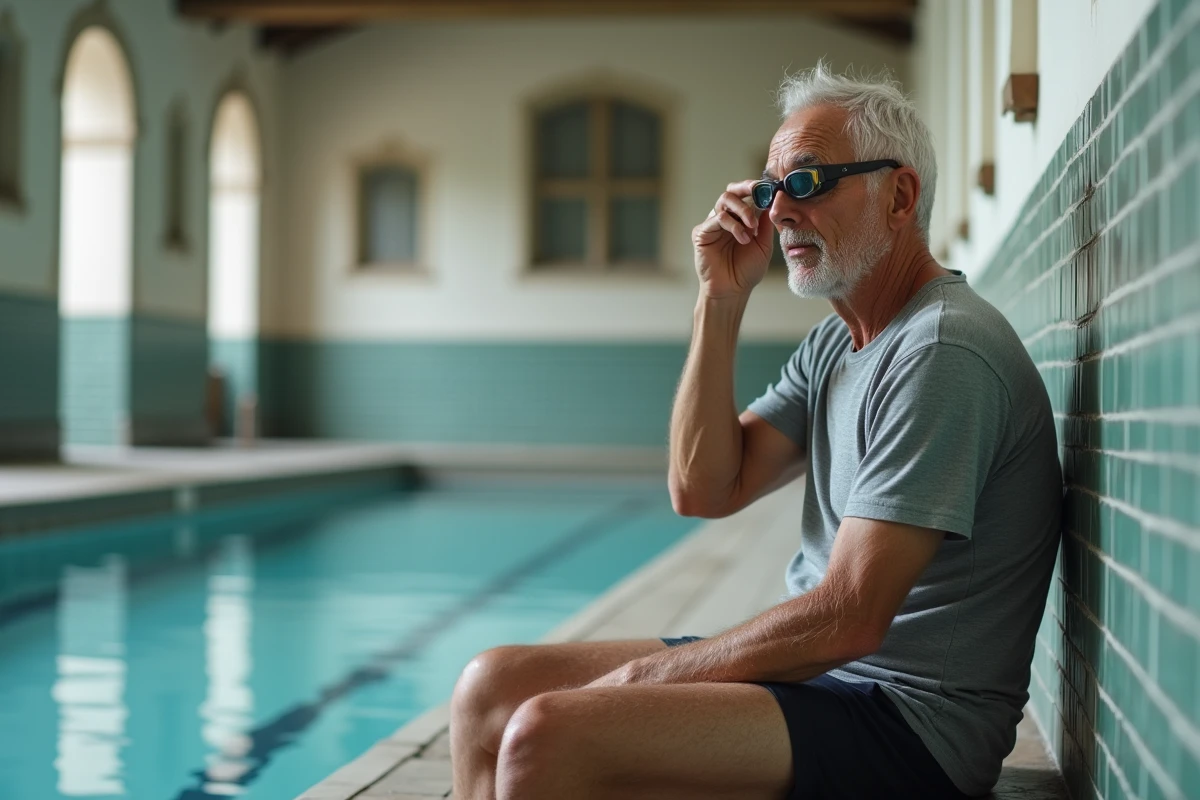 Homme âgé ajustant ses lunettes de natation au bord de la piscine