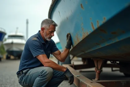 Mécanicien nautique inspectant la coque d'un bateau à moteur d'occasion sur un chantier naval à sec