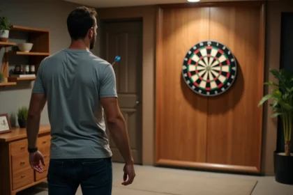 Homme s'apprêtant à lancer une fléchette dans une salle de jeux aménagée à domicile avec une distance réglementaire respectée