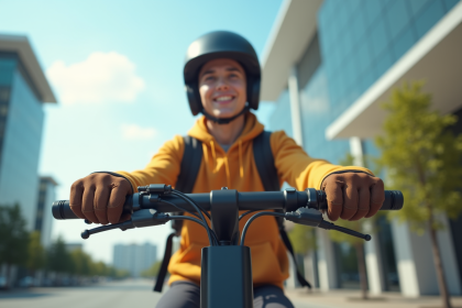 Jeune adulte portant casque et gants en scooter électrique en ville