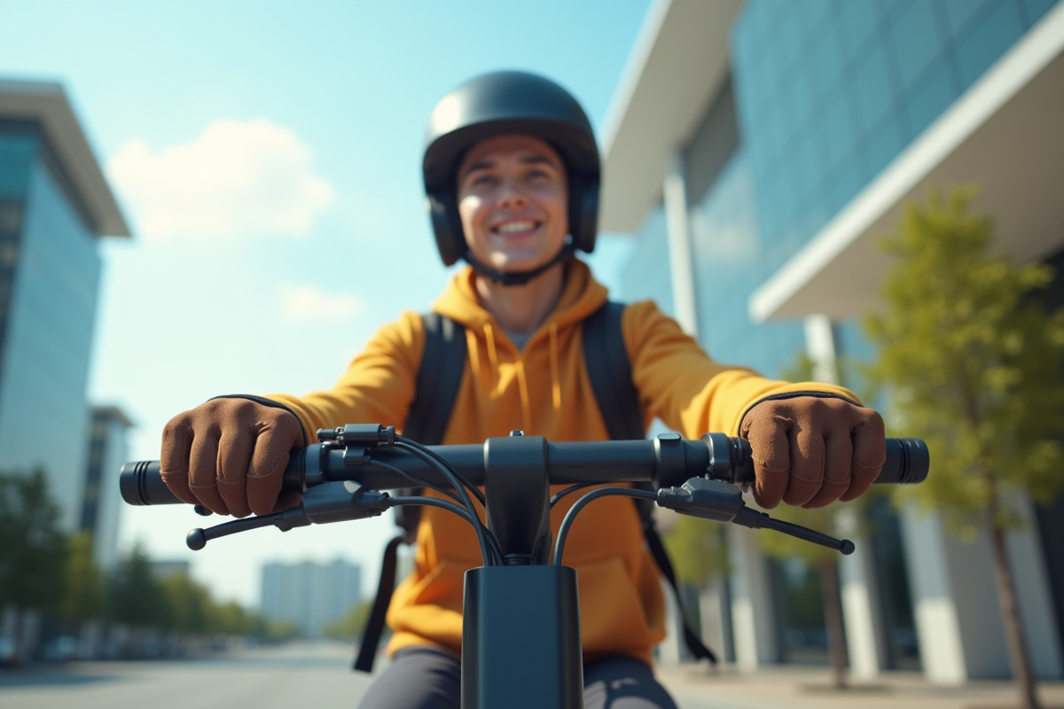 Jeune adulte portant casque et gants en scooter électrique en ville