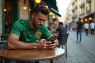 Jeune homme algérien regardant résultats football sur smartphone