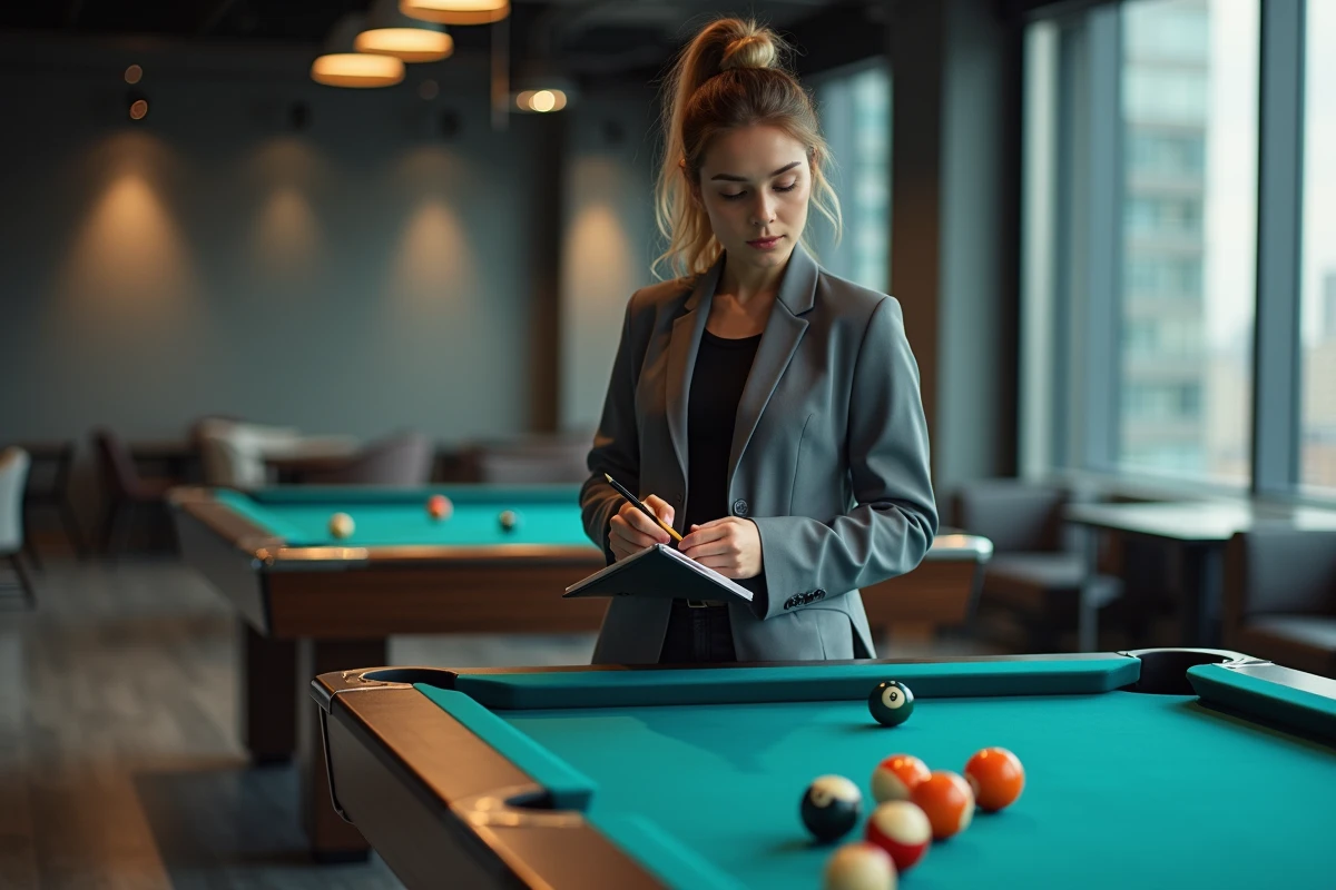 Jeune femme dessinant les angles au billard dans un centre urbain