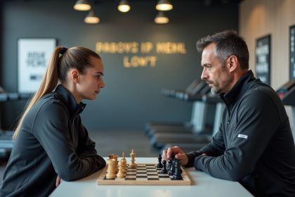 Jeune femme en sport et coach jouant aux échecs dans un centre sportif