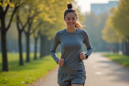 Jeune femme courant dans un parc urbain en polyester