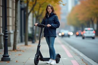 Jeune femme en windbreaker et scooter en ville