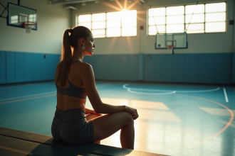 Jeune femme assise seule sur des gradins de gym regardant le terrain