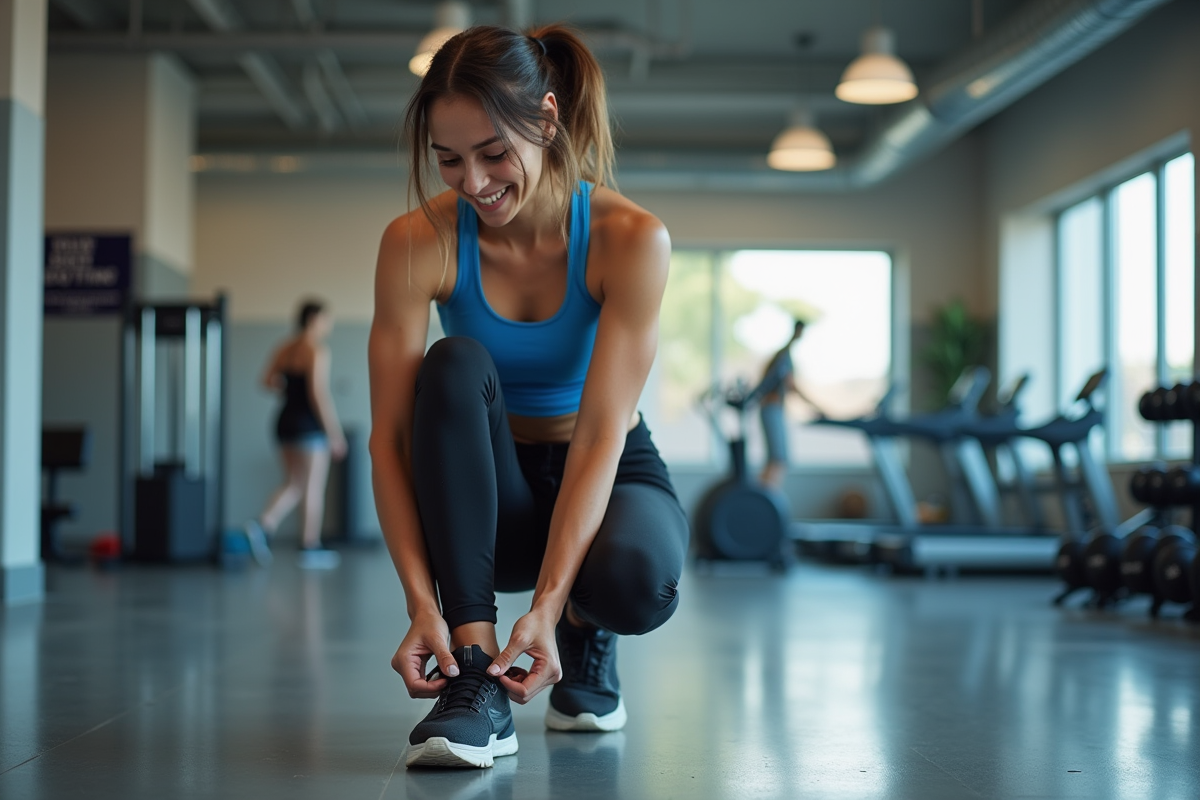 Jeune femme souriante en tenue de sport dans une salle de gym