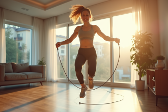 Jeune femme sportive sautant à la corde dans un salon lumineux