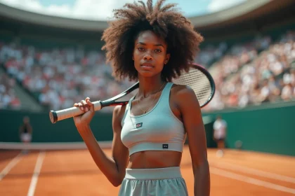 Jeune femme noire en tenue de tennis sur un court en terre battue