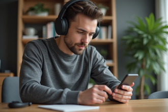 Jeune homme testant des écouteurs sur smartphone dans un salon
