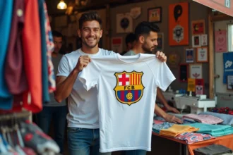 Jeune homme souriant tenant un maillot de football dans un marché