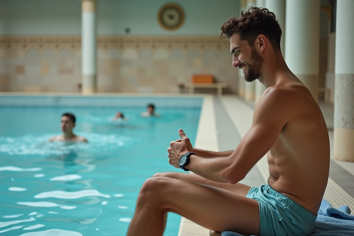 Jeune homme assis au bord de la piscine vérifiant sa montre