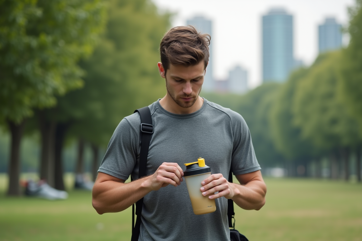 Jeune homme sportif préparant un shake protéiné en plein air