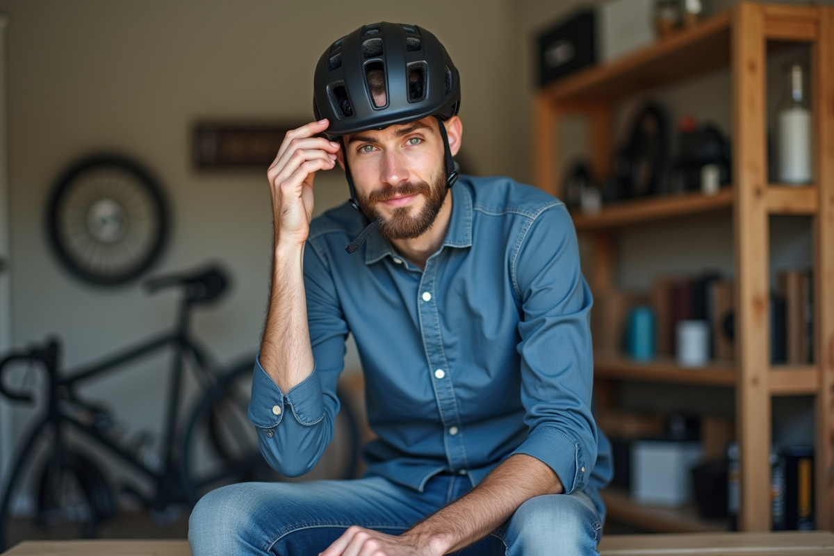 Jeune homme ajustant son casque de vélo noir dans un espace organisé