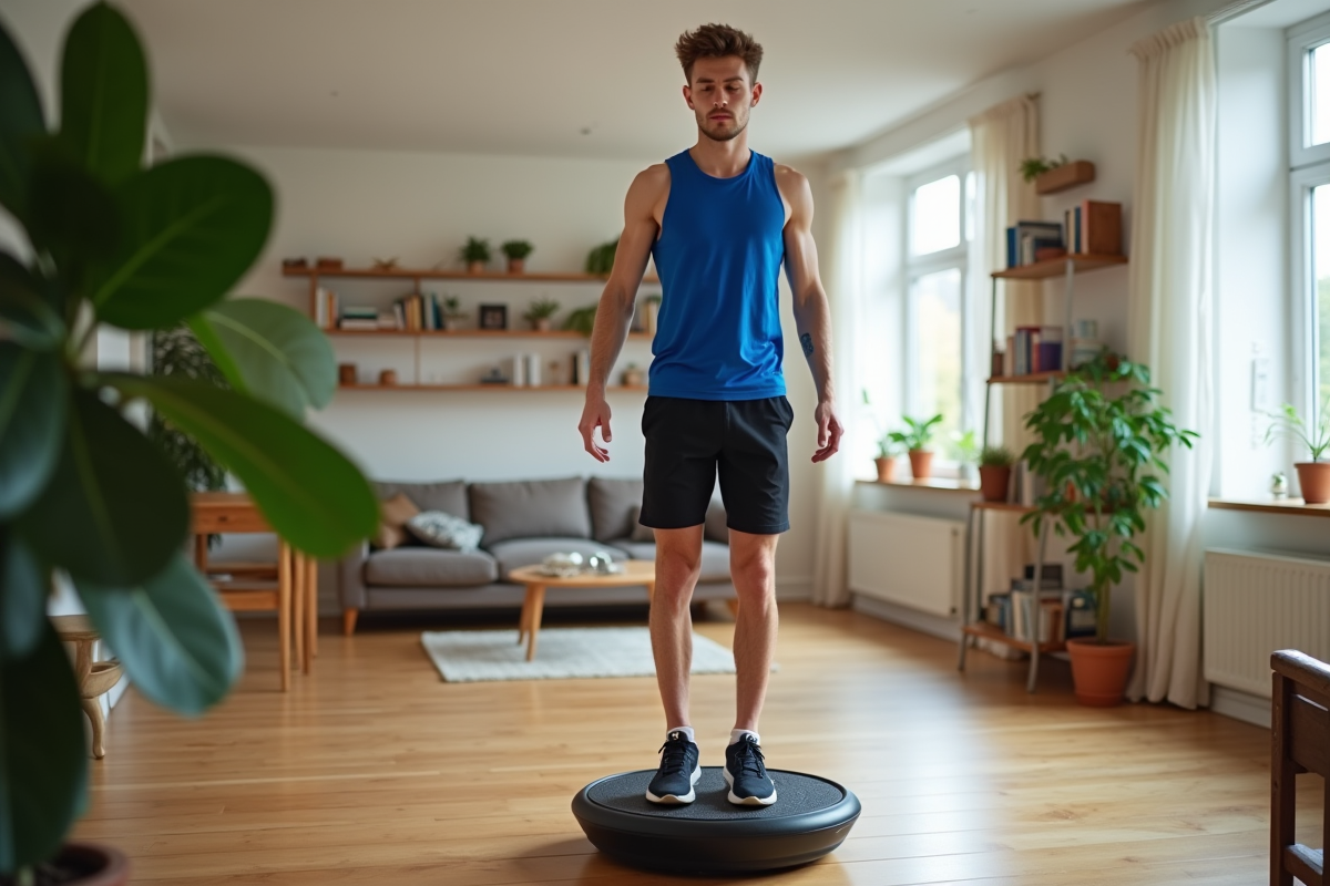 Jeune homme en mouvement sur vibration dans un salon lumineux