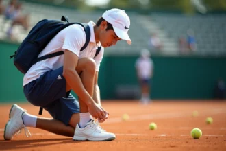 Jeune joueur de tennis en train de lacer ses chaussures sur court en terre battue