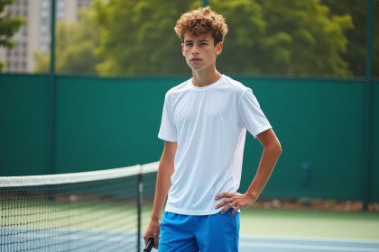 Jeune joueur de tennis tenant sa raquette à la taille