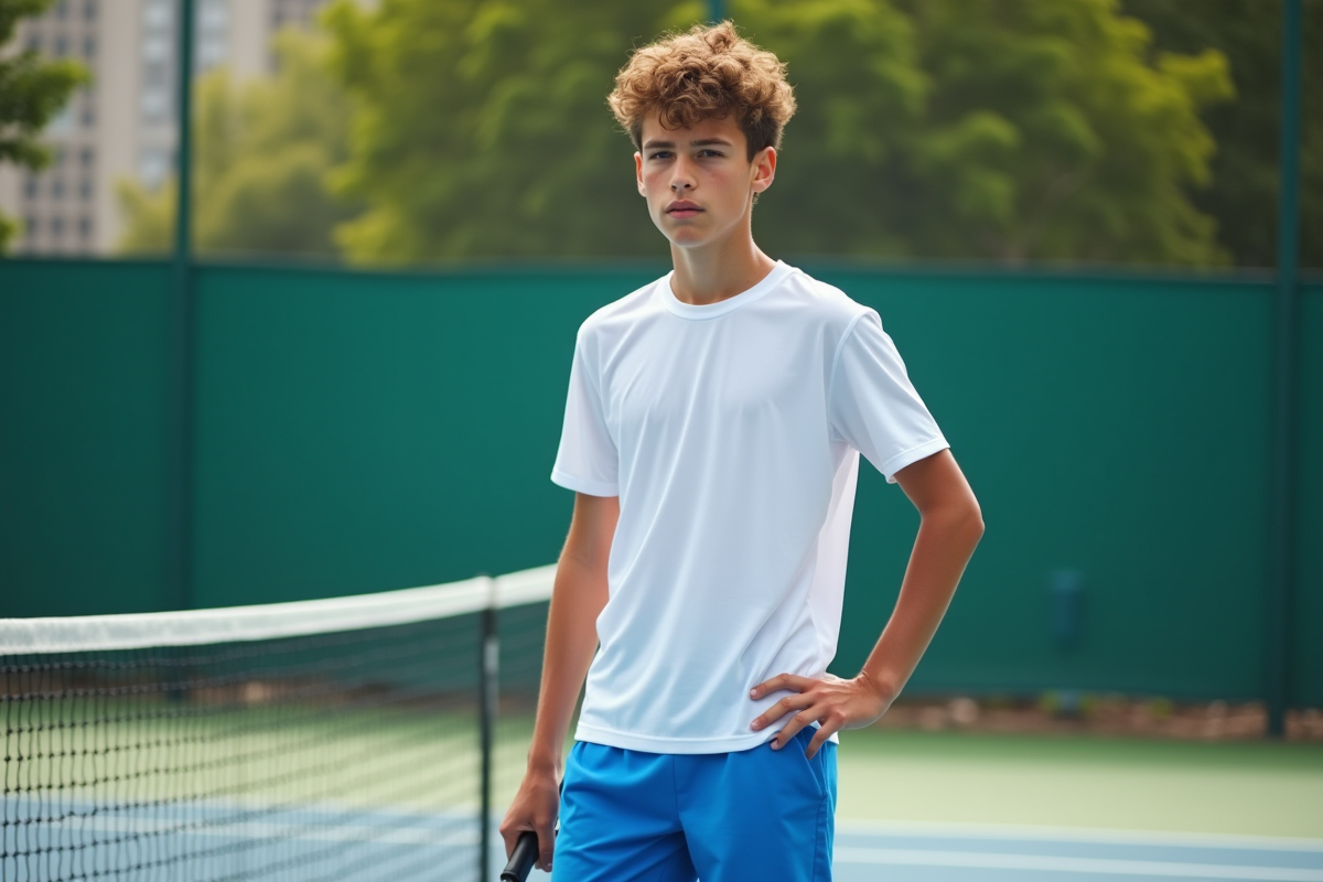 Jeune joueur de tennis tenant sa raquette à la taille