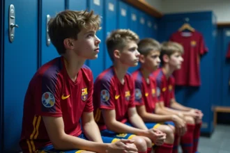 Jeunes joueurs de football FC Barcelona en entraînement dans le vestiaire