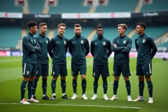 Groupe de jeunes footballeurs italiens en tenue de Serie A sur le terrain