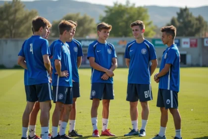 Jeunes footballeurs du Sporting Club Aubagne Air Bel écoutant leur entraîneur lors d'une séance tactique sur le terrain