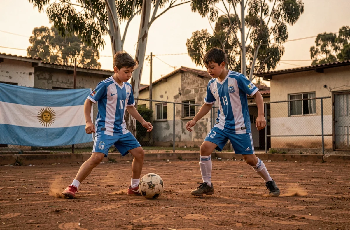 Deux jeunes garçons en maillot de l'équipe nationale argentine s'entraînant sur un terrain de terre battue dans un quartier populaire de Buenos Aires