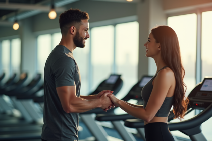 Deux jeunes adultes se serrant la main dans une salle de sport lumineuse