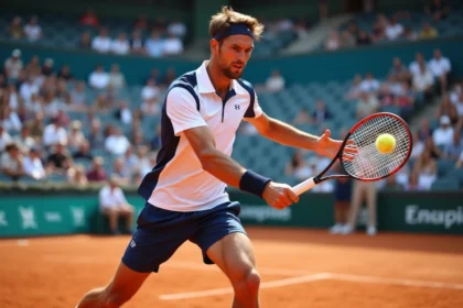 Joueur de tennis professionnel exécutant un coup droit puissant sur un court en terre battue lors d'un tournoi ATP