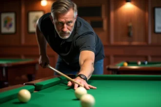Homme d'âge moyen visant une boule blanche au billard