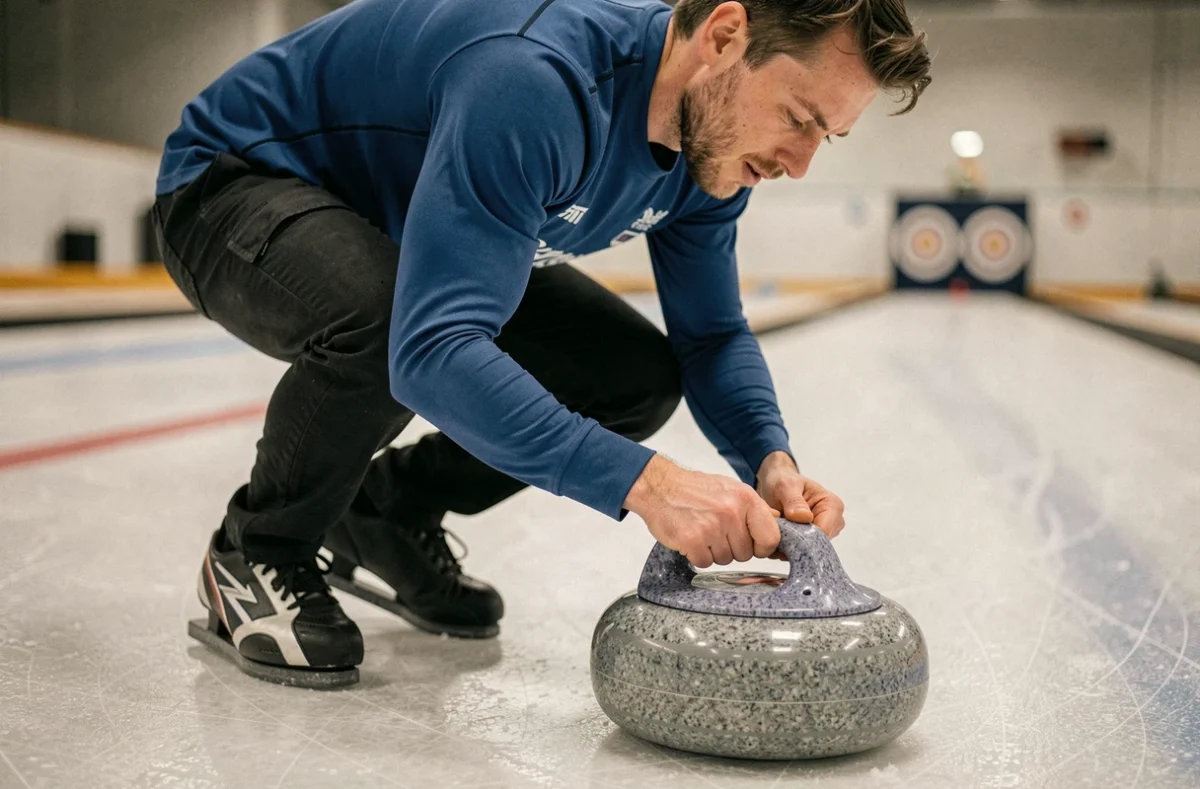 Joueur de curling en position de lancer libérant une pierre de granit sur la glace lors d'une compétition