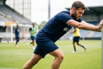 Joueur de football en pause et étire ses calves
