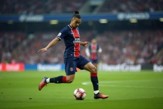 Jeune footballeur PSG en pleine action sur le terrain