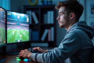 Jeune joueur concentré sur les menus de gestes techniques dans FC 25 sur un écran de jeu vidéo
