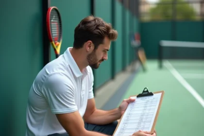 Joueur de padel masculin analysant un tableau de répartition de points P100 sur un clipboard près d'un court intérieur