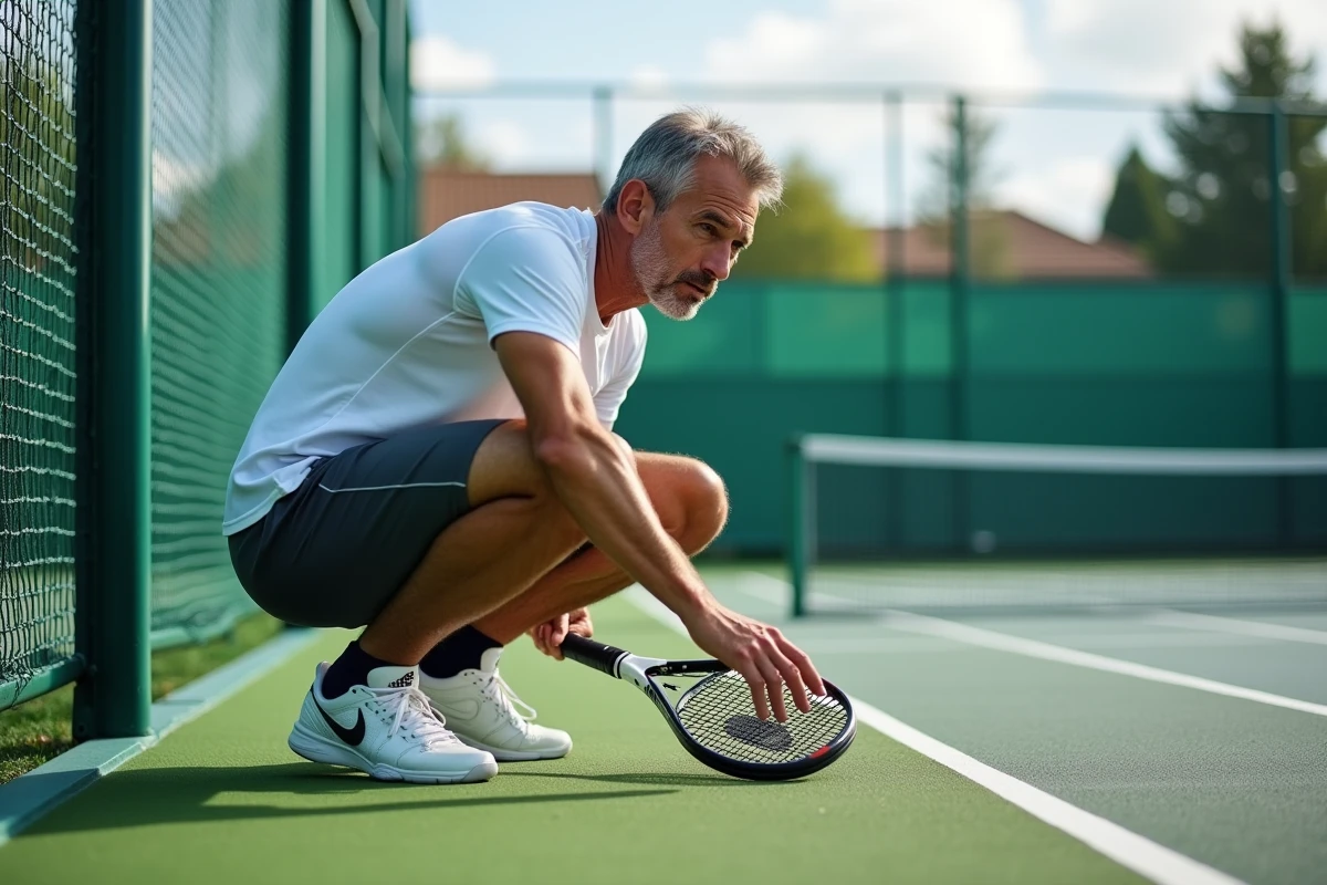Joueur de padel expérimenté inspectant la qualité du gazon artificiel d'un terrain extérieur pour choisir le meilleur terrain selon son niveau