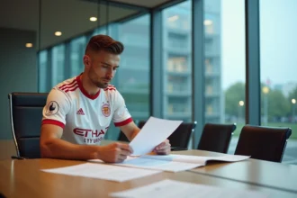 Joueur de football professionnel examinant un contrat de salaire dans un bureau moderne